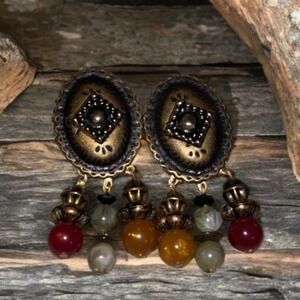 Vtg Bronze Tone Waterfall Black Dangle Earring Statement Beaded